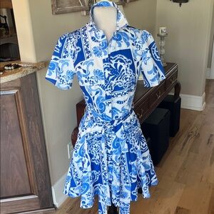 Avara Logan Blue White Print Tie Sash Waist New